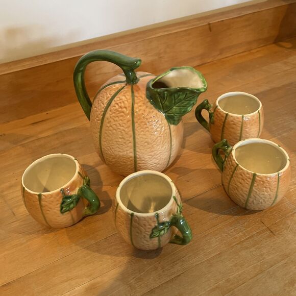 The Haldon Group Cantaloupe Pitcher & 4 Cups Made In Italy Hand Painted - Picture 3 of 8